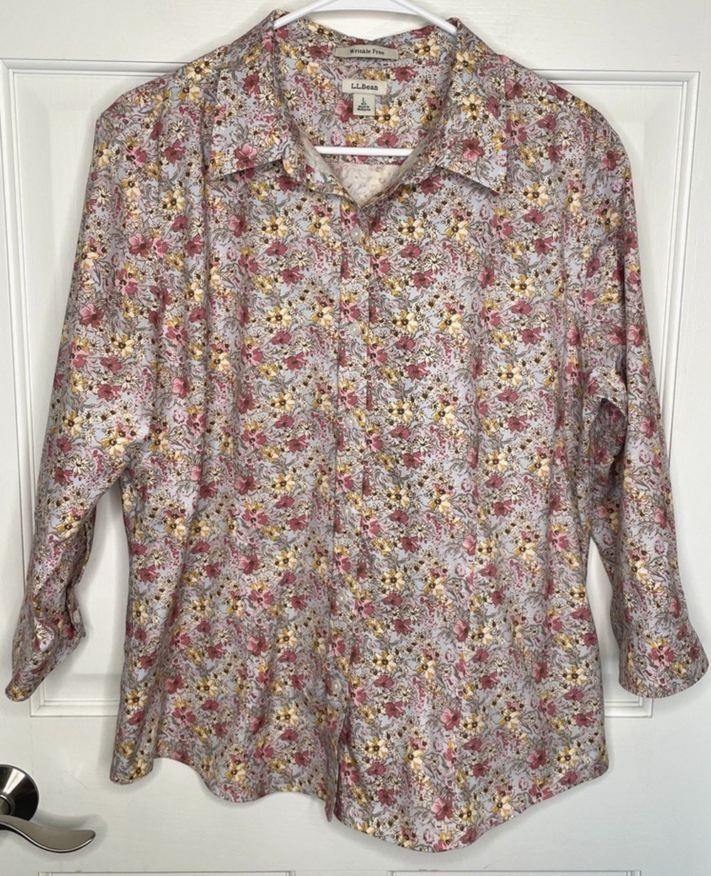 LL Bean Women's 100% Cotton Button Front Shirt Sz L Wrinkle Free Blouse